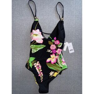 Trina Turk Floral One Piece Swimsuit Black Tropical V-Neck Gold Rings 10 M/L
